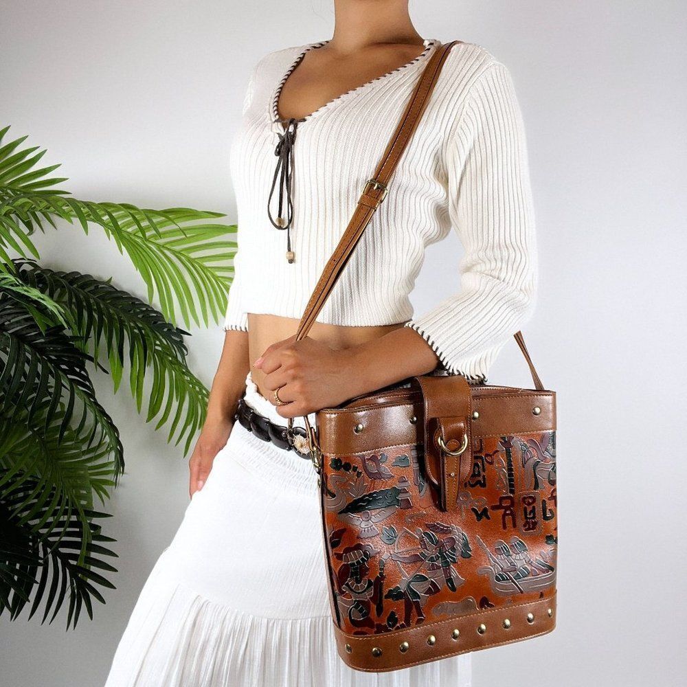 Vintage Y2K Embossed Leather Egyptian Motif Rustic Western Boho Book Bag Purse
